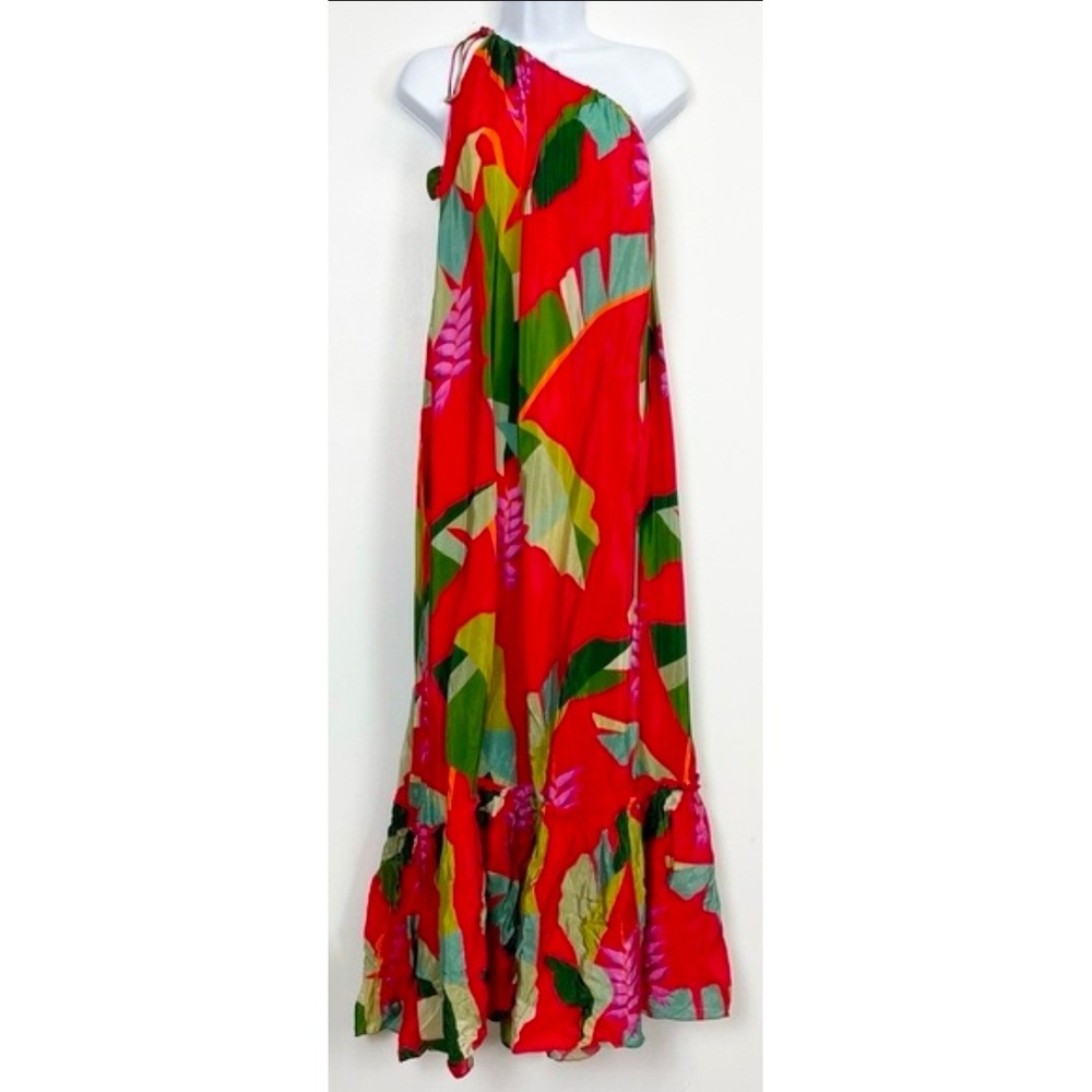 Farm Rio One Shoulder Tropical Floral Maxi Dress Red Green Womens Large